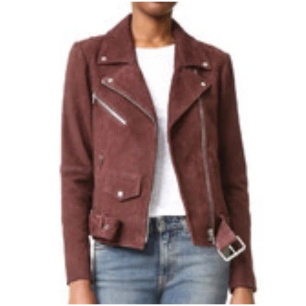 VEDA Jayne Goat Leather Suede Moto Motorcycle Biker Jacket Rust